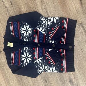 Stylish Navy and White Cardigan with Red Accents